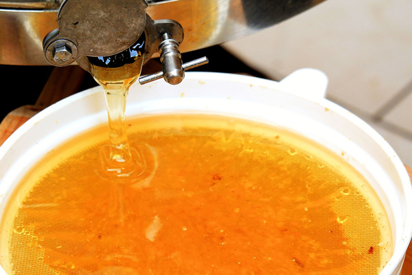 Honey pouring from a honey gate into a bucket. Don't extract if you want to retain the seasonal flavors of honey.
